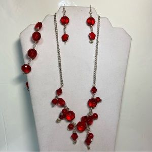 Handmade women silver tone & red acrylic bead necklace, earrings, bracelet. NWOT